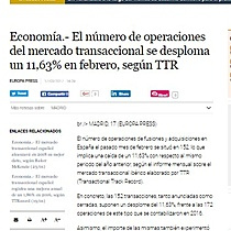 El nmero de operaciones del mercado transaccional se desploma un 11,63% en febrero, segn TTR